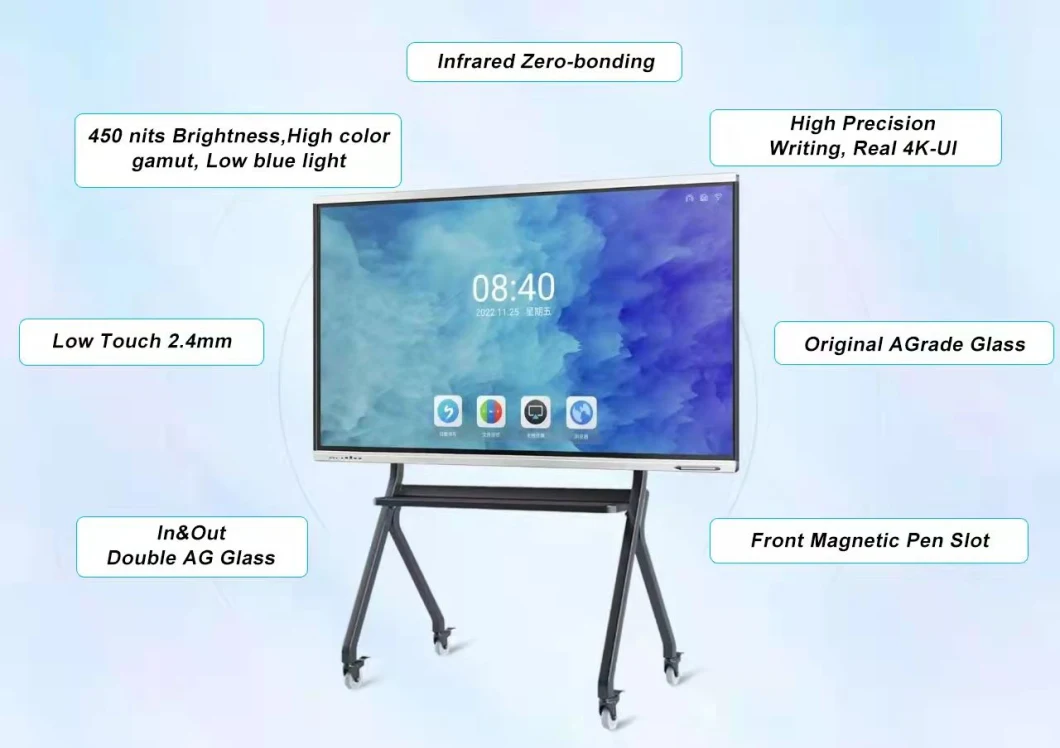 Factory Price 75 86 98 Inch Built-in Camera 4K Dual OS 20 Points Touch Screen Smart Board Interactive Whiteboard for Meeting Room and Schools