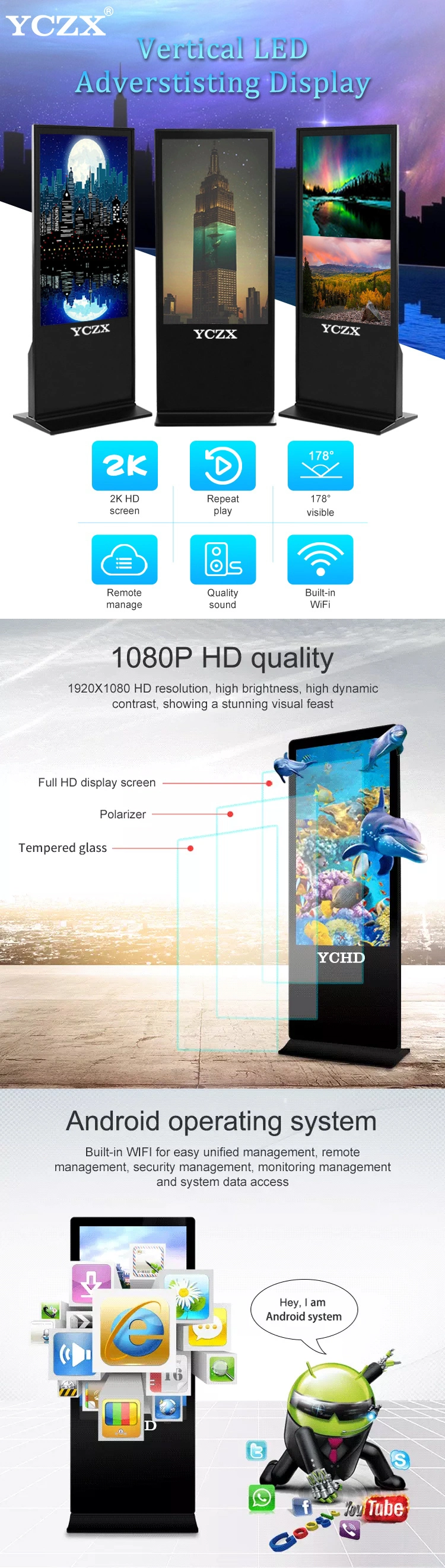 55 Inch LCD Floor Standing Indoor LED Digital Screen Advertising Display Signage